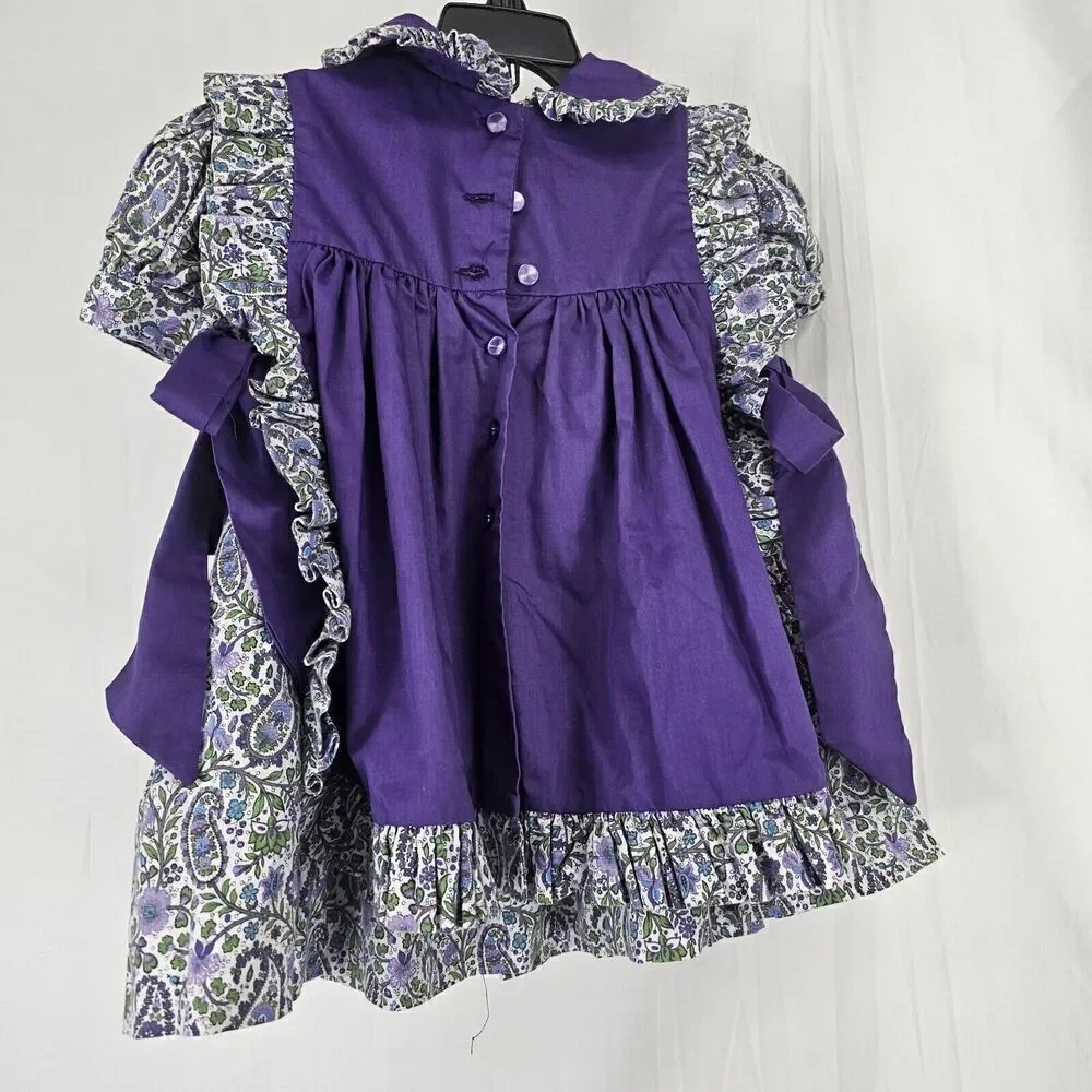 Vintage Purple/ Floral Apron Romper Ruffle Paisley Fits Toddler Girl Size 2